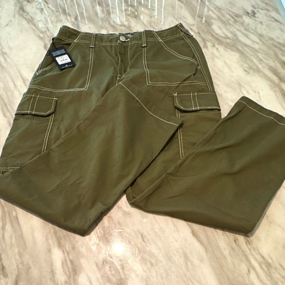 True Religion Men’s Green Canvas Cargo Pants Baggy Straight Leg 32x32 NWT